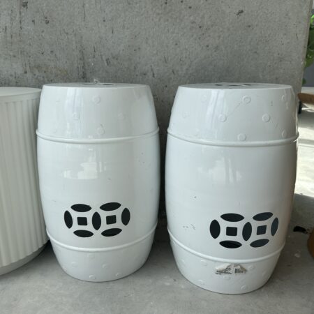 Pair of White Metal Barrel-Style Stools / Side Tables – Industrial Look
